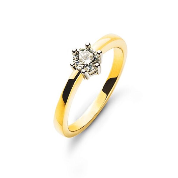 0.33 ct. Bague solitaire or jaune/blanc 750/18 ct. 6 griffes avec diamant H SI