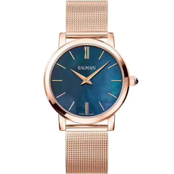 Montre Balmain Elegance Chic, cadran bleu, bracelet et boitier en acier PVD rose