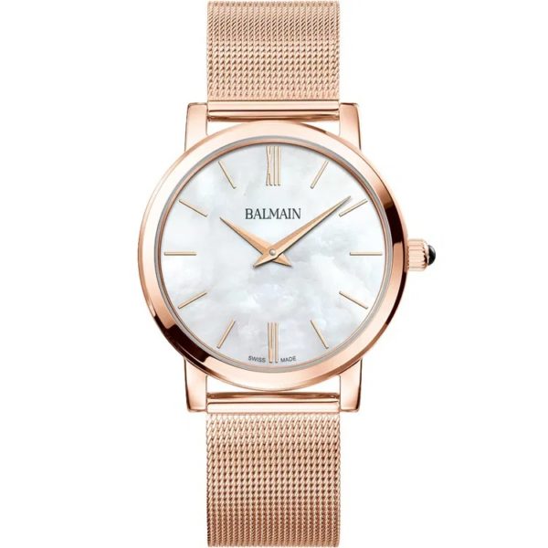 Balmain Quarzuhr, Kollektion Elegance Chic, 33 mm Stahlgehäuse mit rosafarbener PVD-Beschichtung, Perlmuttzifferblatt, Saphirglas, Milanais Stahlarmband mit rosafarbener PVD-Beschichtung.