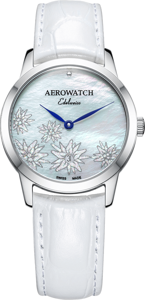 Aerowatch Les Grandes Classiques Quartz, Edelweiss, cuir blanc