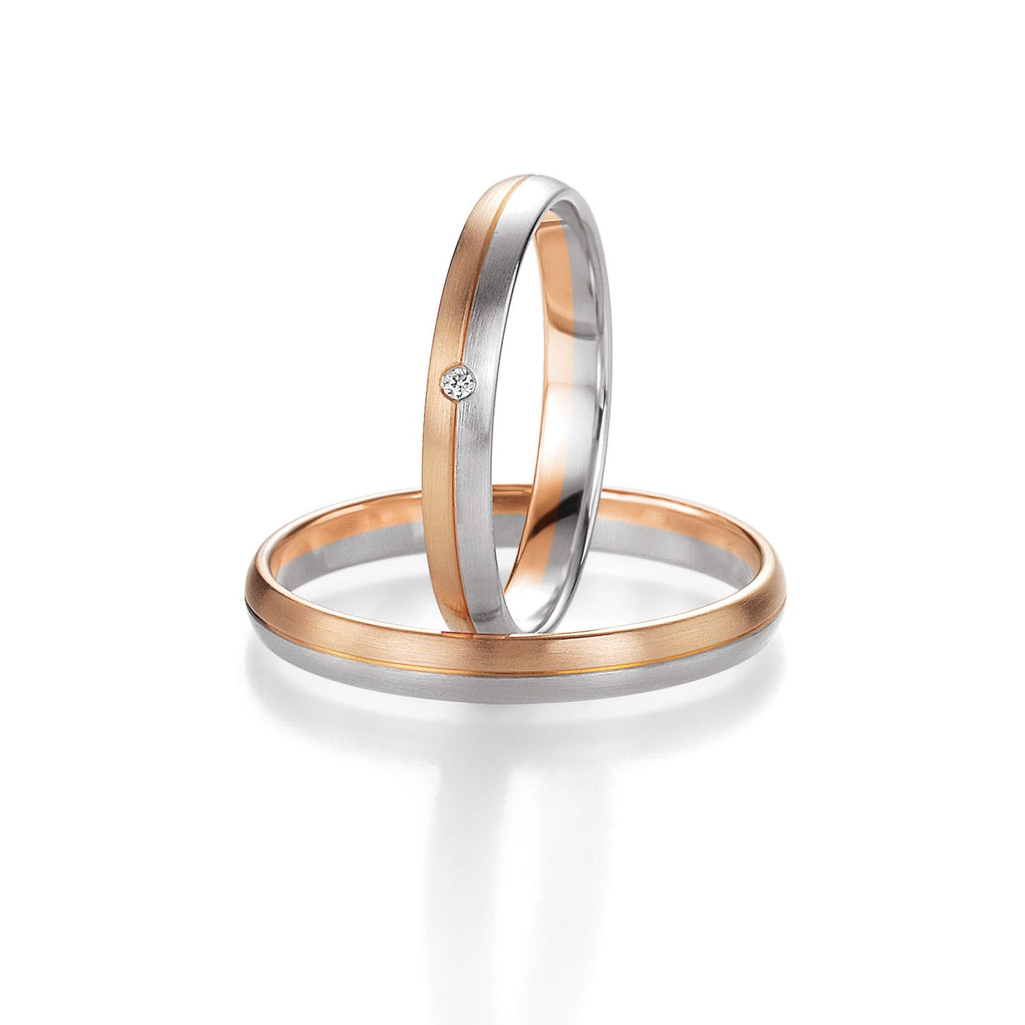 Alliances Breuning bicolore or blanc et or rose avec 1 diamant lediamant.ch