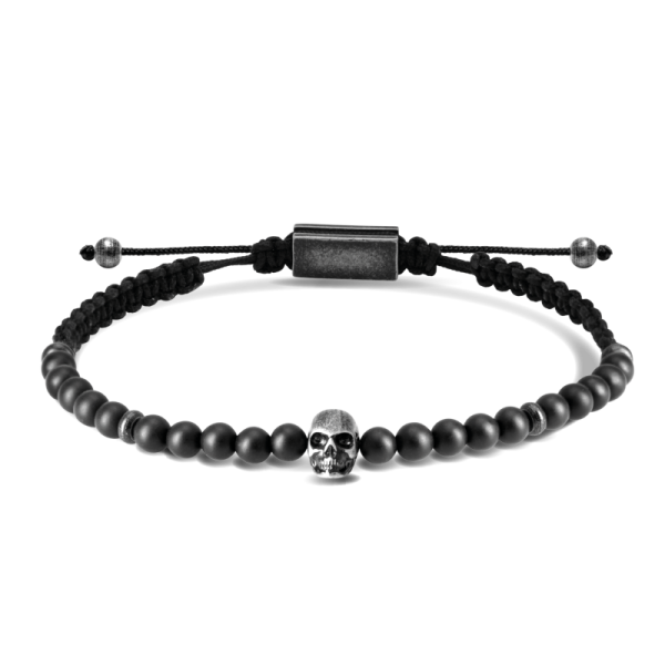 ROCHET - Bracelet VINTAGE, perles agates noires et tête de mort, acier vintage