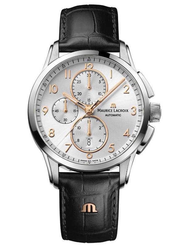 Maurice Lacroix PONTOS Chronograph 43mm, argenté, bracelet en cuir noir