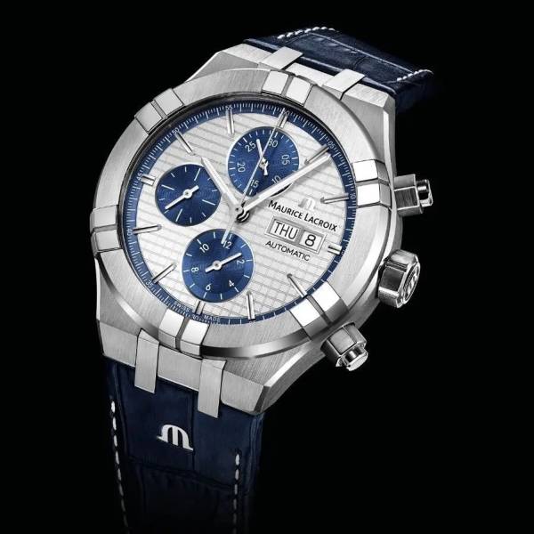 Maurice Lacroix AIKON Auto Chronographe, 44mm, argenté / bleu, bracelet en cuir bleu