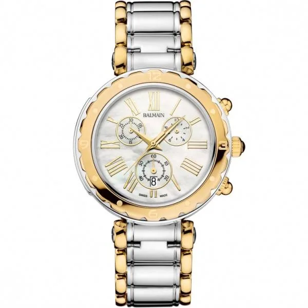 Balmain, Balmainia Chrono Quartz Lady, Stahlgehäuse mit gelber PVD-Beschichtung, Perlmuttzifferblatt, Saphirglas, Stahlarmband mit gelber PVD-Beschichtung, Datum.