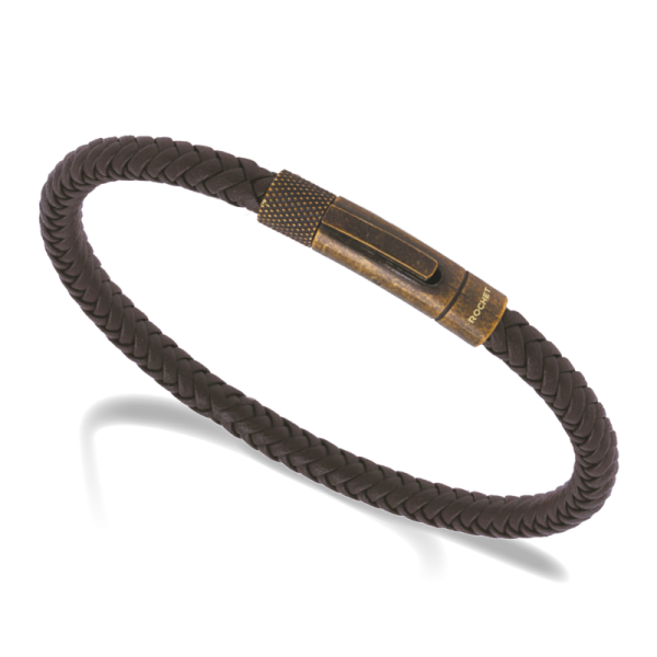 ROCHET - Armband DRIVER Stahl und geflochtenes Leder braun 4,5mm, 20,5cm