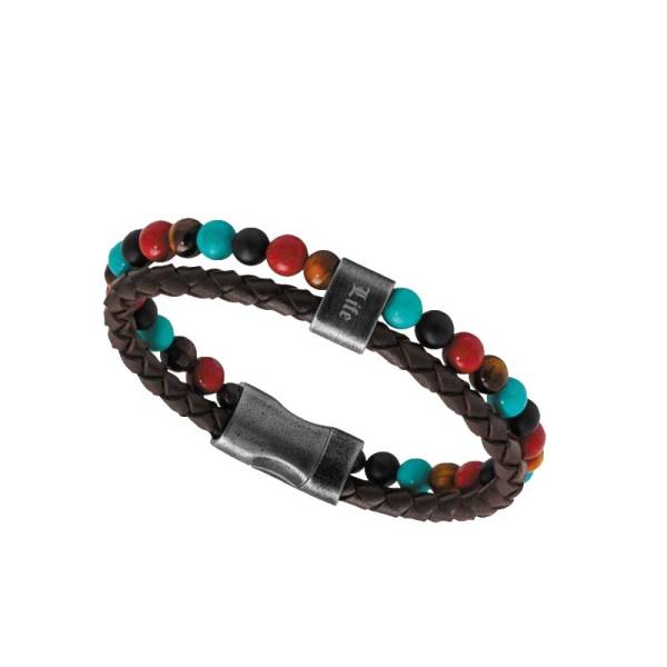 ROCHET - Bracelet KARMA Life, acier, cuir marron tressé, perles multicolores, 22 cm