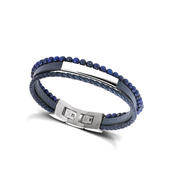 ROCHET - Bracelet YALE, cuir bleu, pierres lapis lazuli, acier