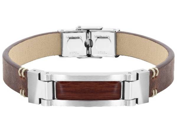 ROCHET - Armband CORTES Stahl/ Holzdruck 12mm auf braunem Leder 10mm