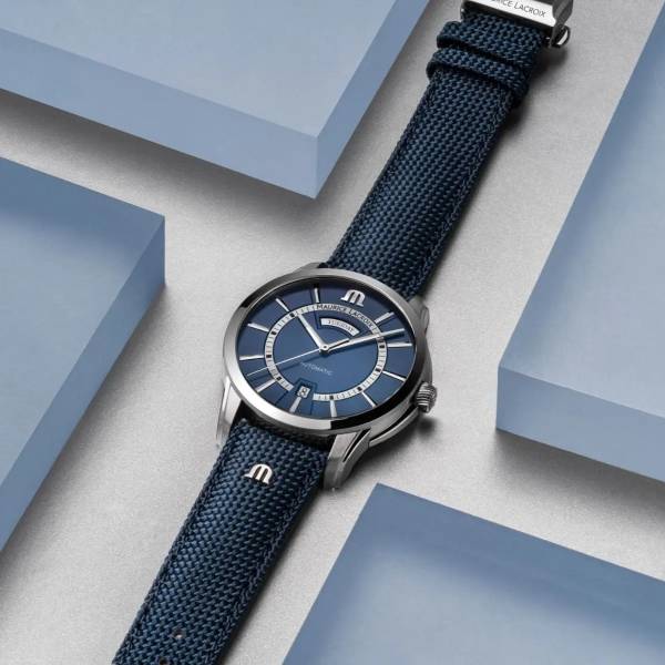 Maurice Lacroix PONTOS Day Date 41mm, cadran bleu, bracelet textile bleu