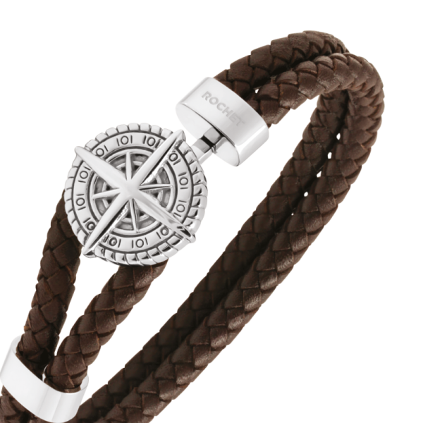 ROCHET - Bracelet CAP HORN 10mm acier poli et cuir tressé marron, 21cm