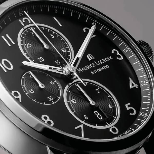 Maurice Lacroix PONTOS Chronograph 43mm, cadran noir, bracelet en cuir noir