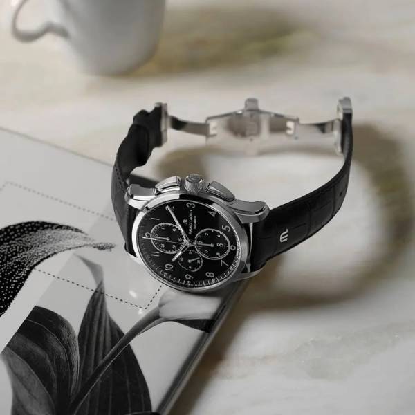 Maurice Lacroix PONTOS Chronograph 43mm, cadran noir, bracelet en cuir noir