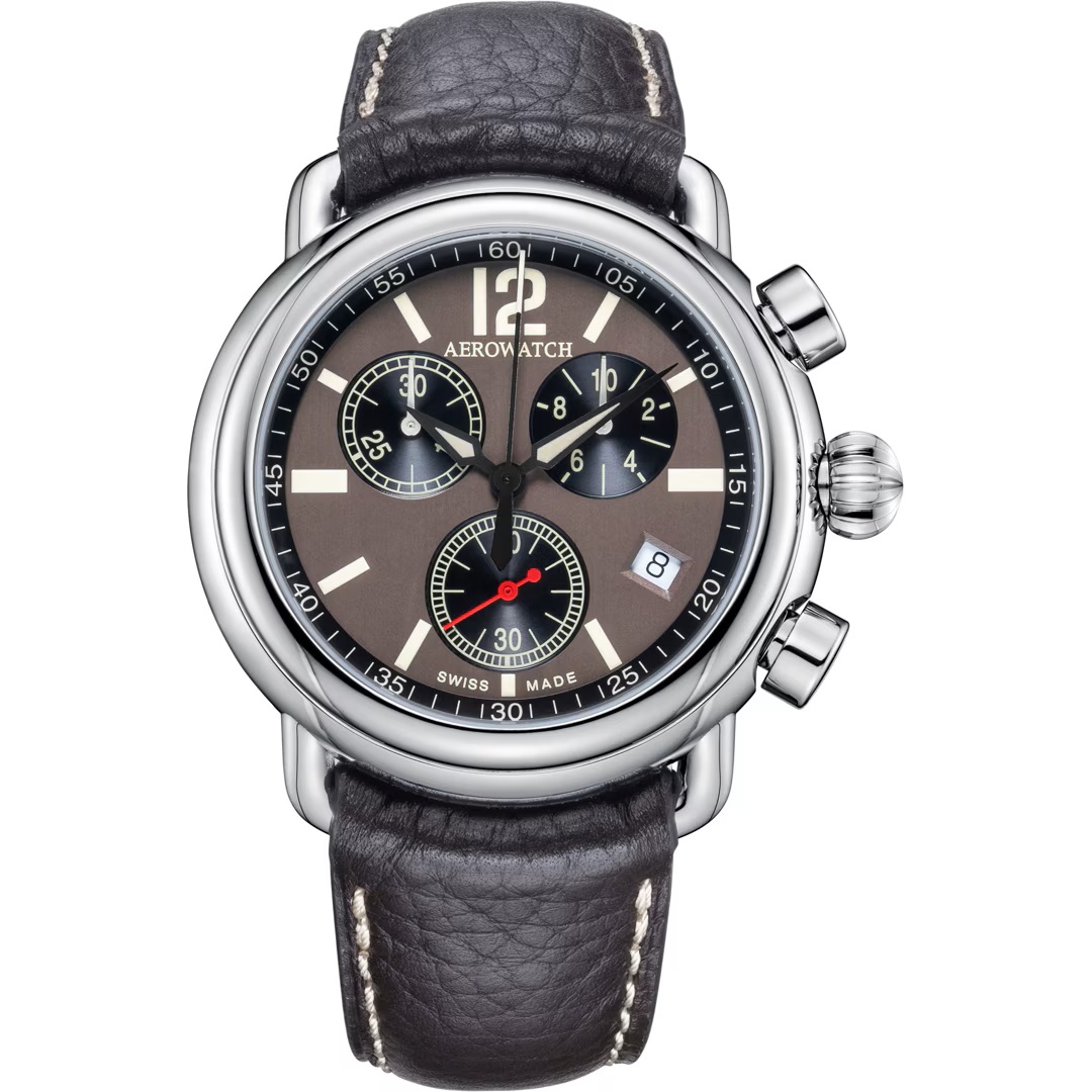 Montre Aérowatch 1942 Chrono quartz, brun,44mm, bracelet cuir.