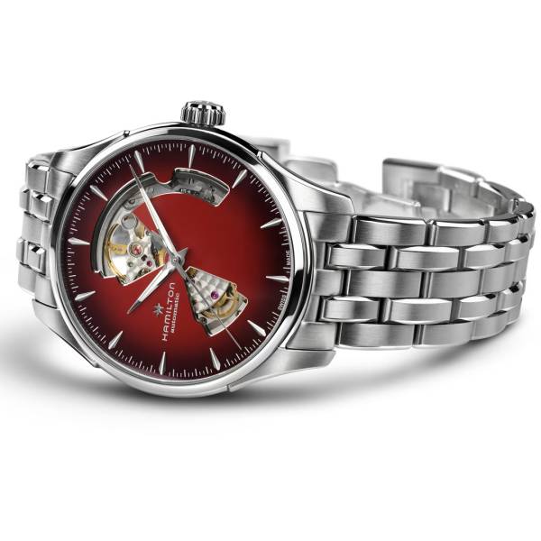 Montre Hamilton Jazzmaster Open Heart 40 mm, cadran rouge.