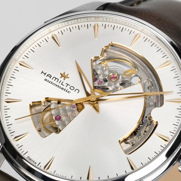 Montre Hamilton Jazzmaster Open Heart, cadran argenté.