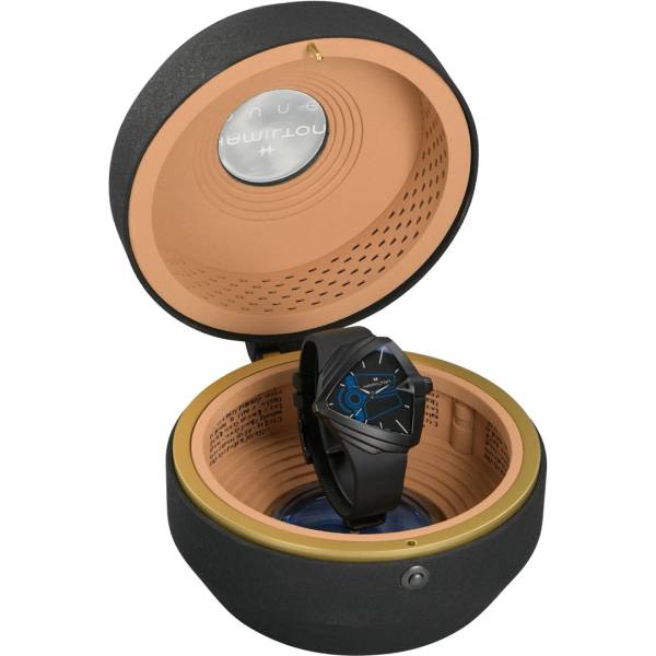 Montre Ventura XXL DUNE de Hamilton, coffret ouvert, design futuriste.