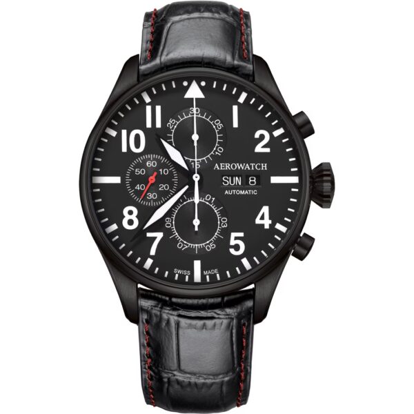 Montre Aerowatch Chrono Pilot noir, cadran détaillé
