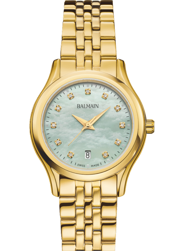 Montre Balmain Beleganza dorée, diamants, cadran vert