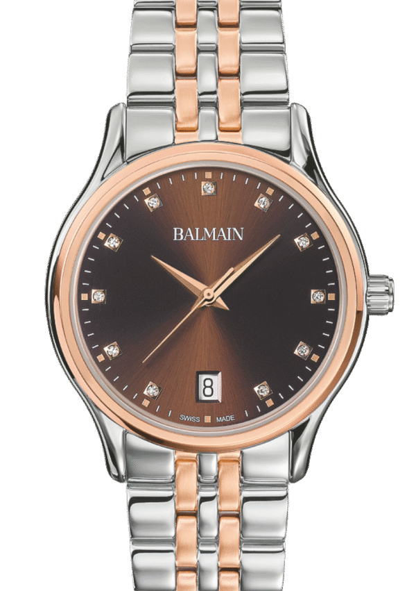 Montre Balmain Beleganza, cadran brun, diamants.