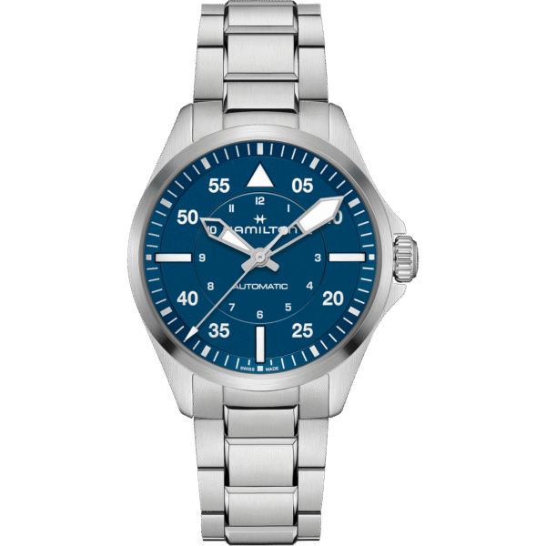 Montre Hamilton Pilot Auto 39mm, cadran bleu.
