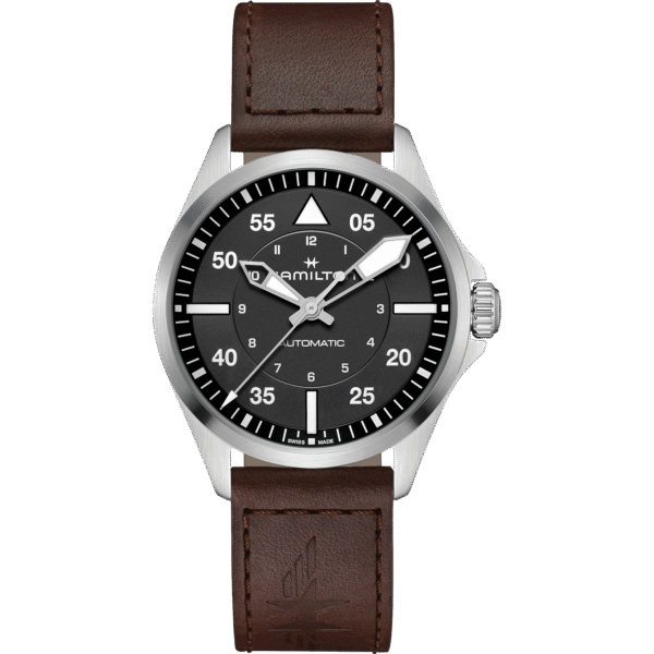 Montre Hamilton Pilot Auto 39mm, cadran noir et bracelet cuir