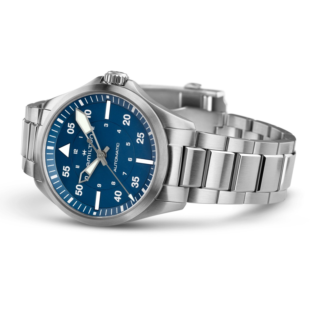 Montre Hamilton Pilot Auto 39mm, cadran bleu, bracelet métal