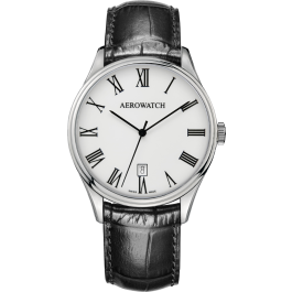 Montre Aerowatch Gent Quartz, cadran blanc, bracelet noir.