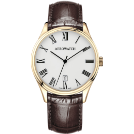Montre Aerowatch Gent Quartz, cadran blanc, bracelet cuir marron