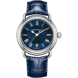 Montre Aerowatch Quartz, cadran bleu, bracelet cuir