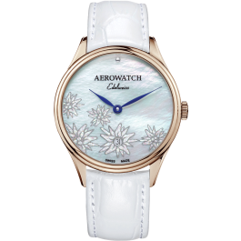 Montre Aerowatch Lady Quartz, cadran fleuri, bracelet blanc