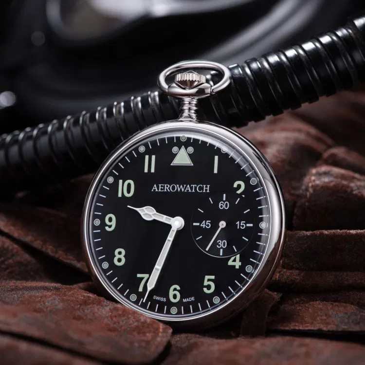 Montre de poche Aerowatch Lépine Pilote sur cuir