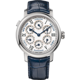 Montre Aerowatch 7 fuseaux horaires, bracelet bleu.