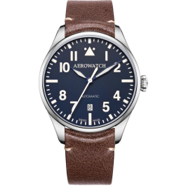 Montre Aerowatch Automatique cadran bleu, bracelet marron