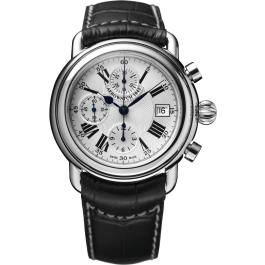 Montre Aerowatch Chrono Auto, cadran blanc, bracelet cuir noir