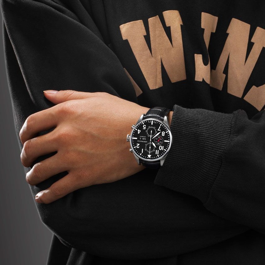 Aerowatch Les Grandes Classiques Pilot Automatic Chrono Day-Date Schwarz – Bild 2