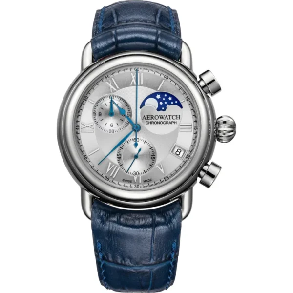 Montre Aerowatch Phase de Lune Chronographe, bracelet en cuir bleu