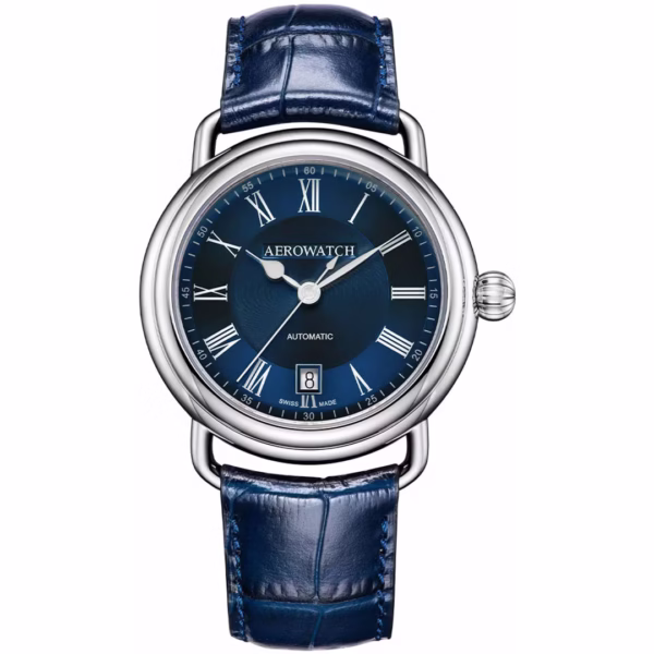 Aerowatch 1942 Automatic sur bracelet en cuir bleu avec cadran bleu A 60900 AA29