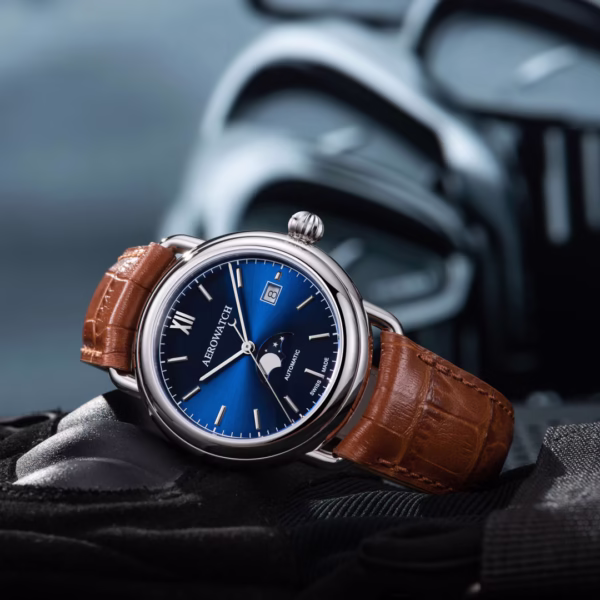 Aerowatch 1942 Automatic Moon Phase, Bleu, cuir – Image 3