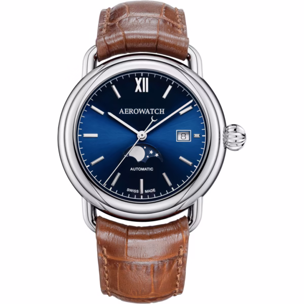 Aerowatch 1942 Automatic Moon Phase, Bleu, cuir
