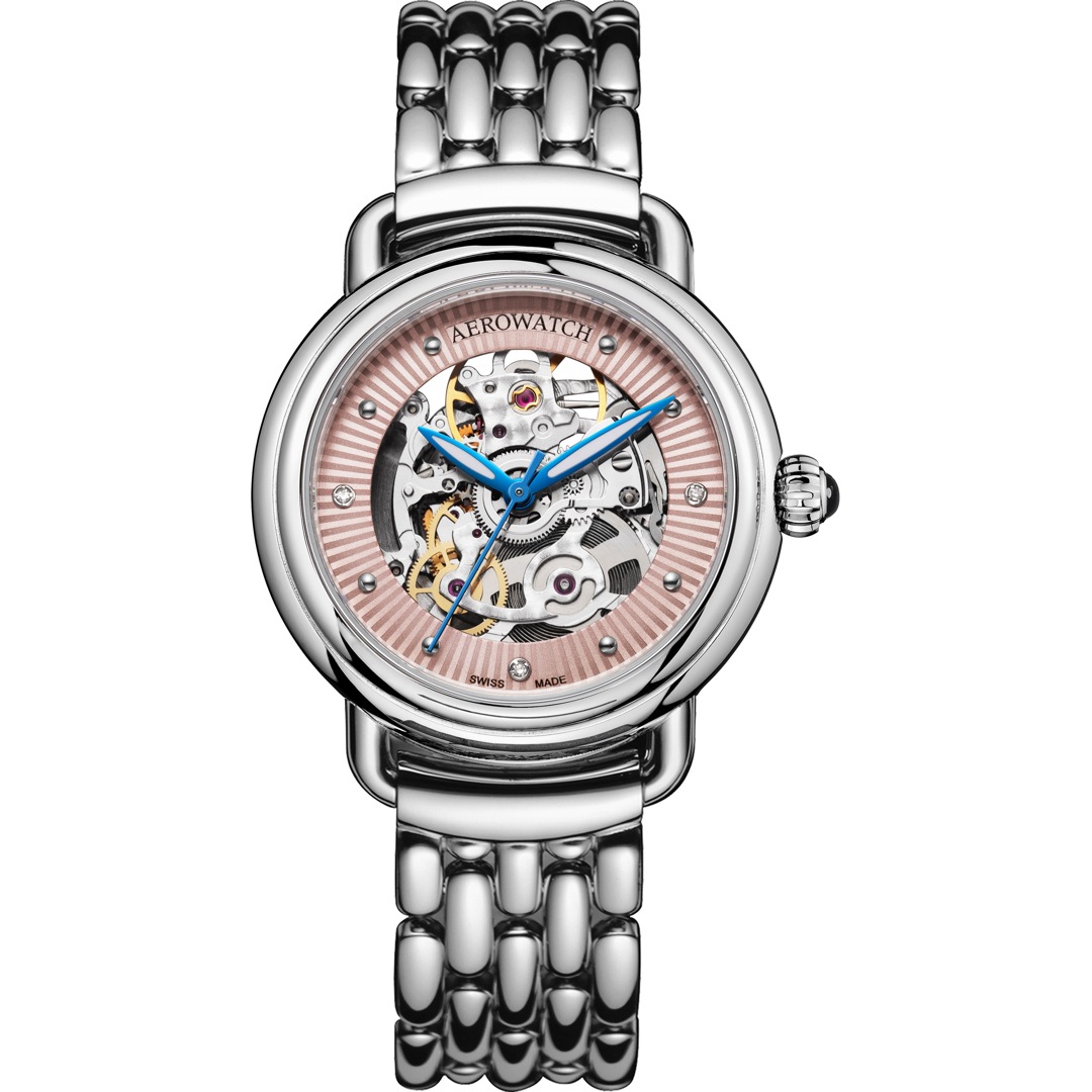 Montre Aerowatch Lady Automatic, Squelette cadran rose bracelet en acier