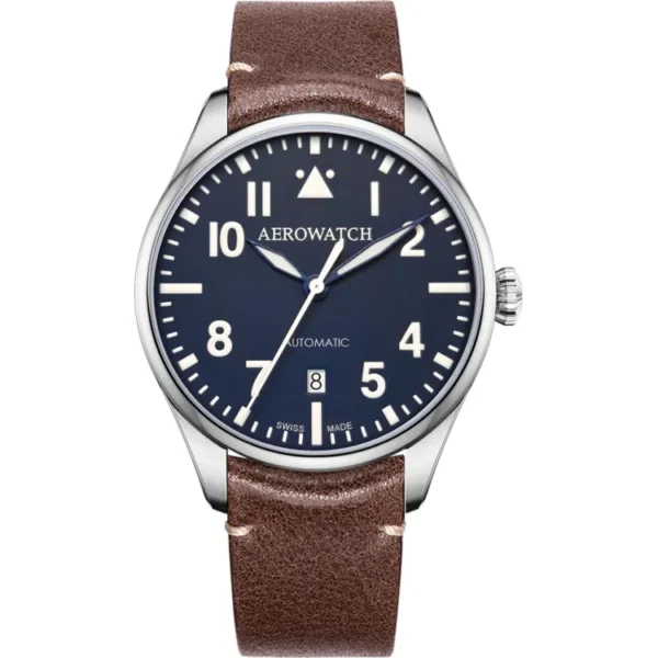 Montre Aerowatch Automatique, cadran bleu, bracelet marron.
