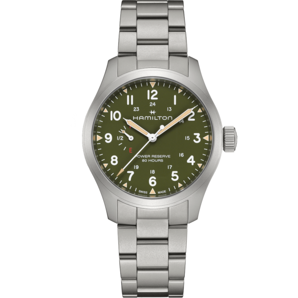 Hamilton Khaki Field Gangreserve grünes Zifferblatt Stahlarmband 40 mm H69509160