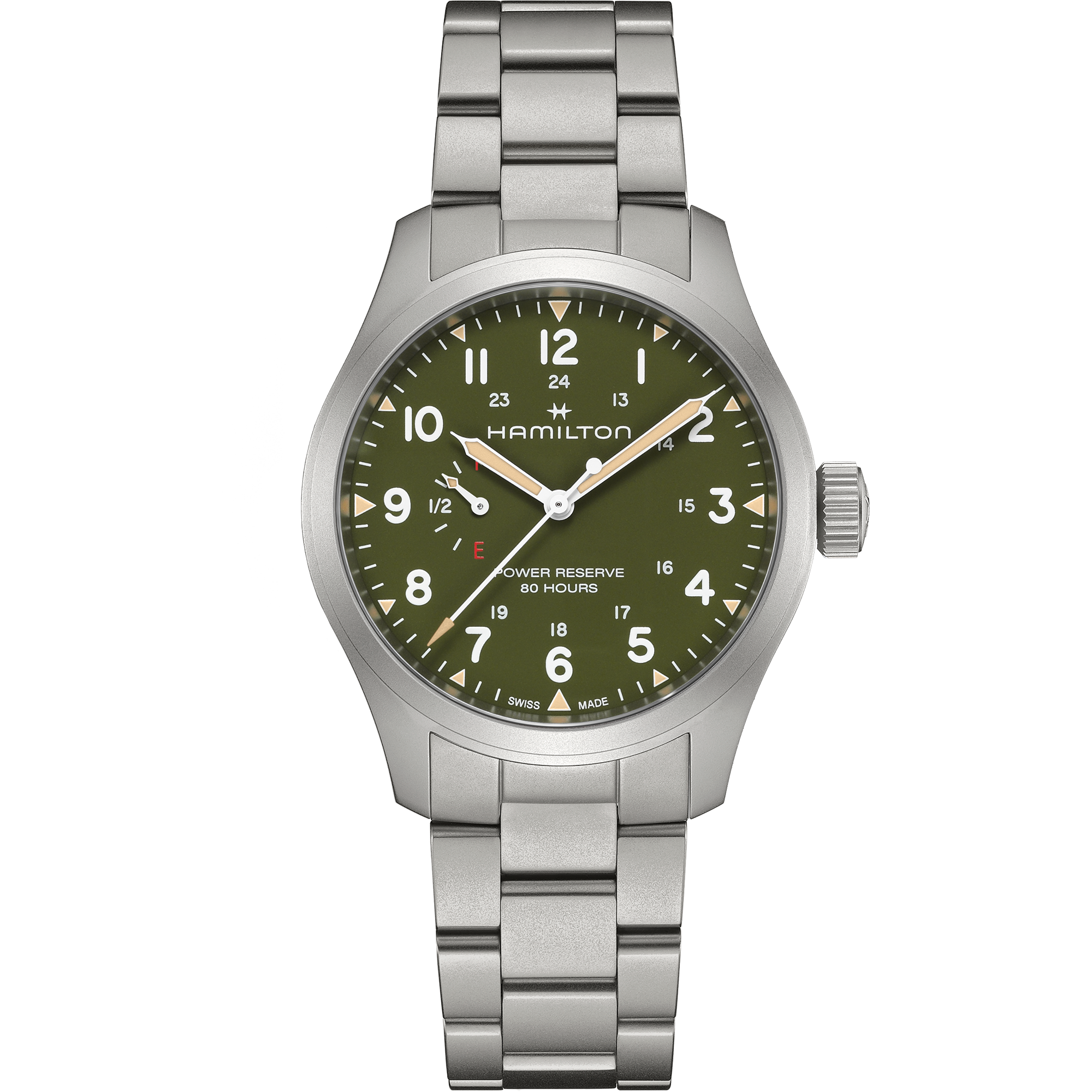 Hamilton Khaki Field Gangreserve grünes Zifferblatt Stahlarmband 40 mm H69509160
