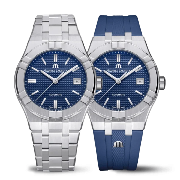 Maurice Lacroix automatique à cadran bleu avec bracelet caoutchouc et bracelet acier