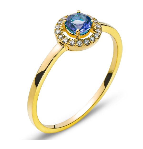 Bague or jaune 750/18 ct. saphir rond 0.39 ct. et 18 diamants 0.07 ct.