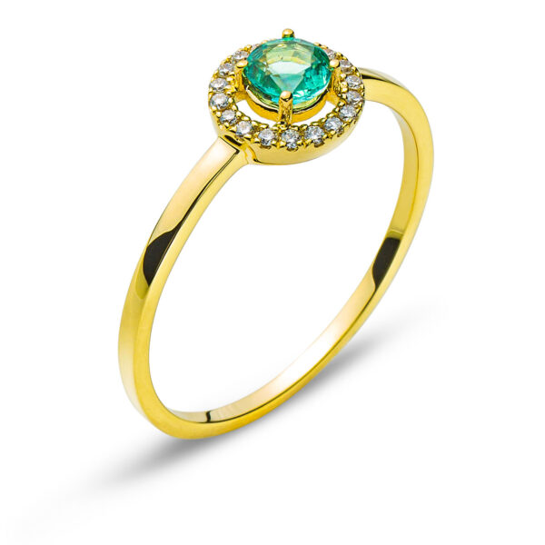Bague or jaune 750/18 ct. émeraude ronde 0.24 ct. et 18 diamants 0.07 ct.