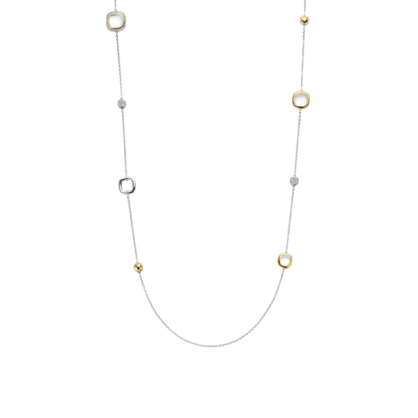 Lange Silberkette mit goldenen quadratischen Motiven