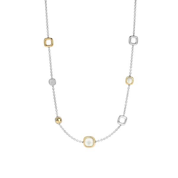 Silbernes Collier mit goldenen quadratischen Motiven und Perlmuttsteinen