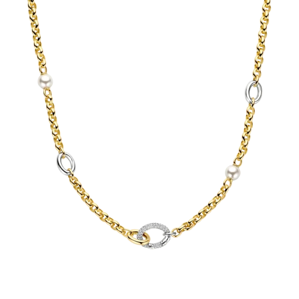 Vergoldete Gliederkette mit Perlen und silbernen Ringen